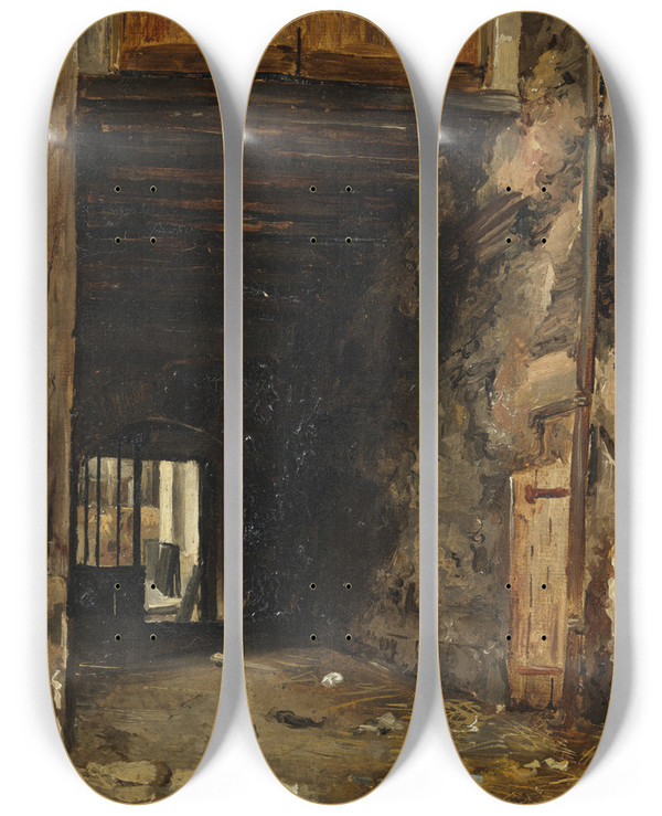 Triptych art skateboard deck of Auguste Xavier Leprince The Entrance Of A Courtyard by Auguste Xavier Leprince (1799-1826)