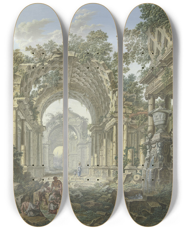 Triptych art skateboard deck of Jean Franois Gout Rmische Ruinen Rechts Ein Brunnen Mit Staffage by Jean Francois Gout