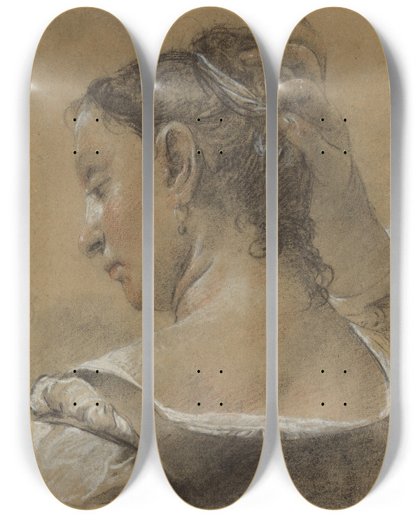 Triptych art skateboard deck of Domenico Maggiotto A Young Woman Fixing Her Hair by Domenico Maggiotto (1713-1794)
