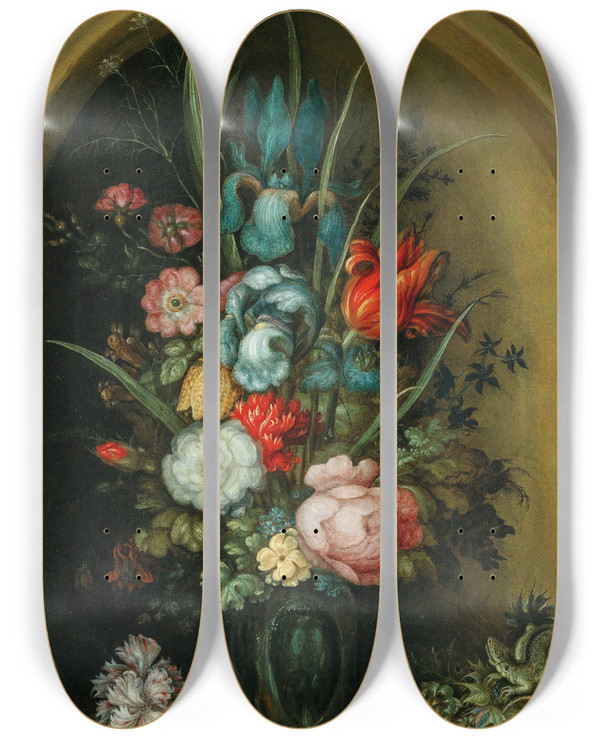 Triptych art skateboard deck of Roelant Savery Mixed Flowers In A Glass Vase With A Lizard Nearby by Roelant Savery (1576-1639)