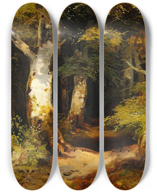 Triptych art skateboard deck of Albert Zimmermann Waldweg by Albert Zimmermann (1808-1888)