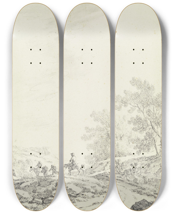 Triptych art skateboard deck of Johann Christoph Dietzsch Breiter Weg Mit Ausblick In Eine Offene Landschaft Rechts Buschwerk Links Auf Dem Weg Zwei Reiter Und Drei Fugnger by Johann Christoph Dietzsch (1710-1768)