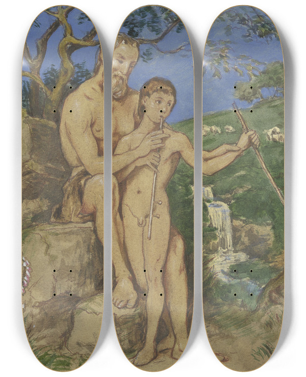 Triptych art skateboard deck of Hans Thoma Old And Young Faun by Hans Thoma (1839-1924)