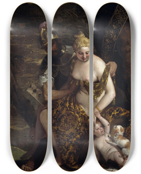 Triptych art skateboard deck of Paolo Veronese Mars Venus And Cupid Mars And Venus With Cupid And A Dog by Paolo Veronese (1528-1588)