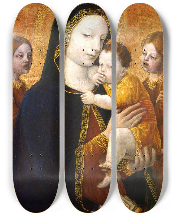 Triptych art skateboard deck of Ambrogio Bergognone The Virgin And Child With Two Angels by Ambrogio Bergognone (1453-1523)