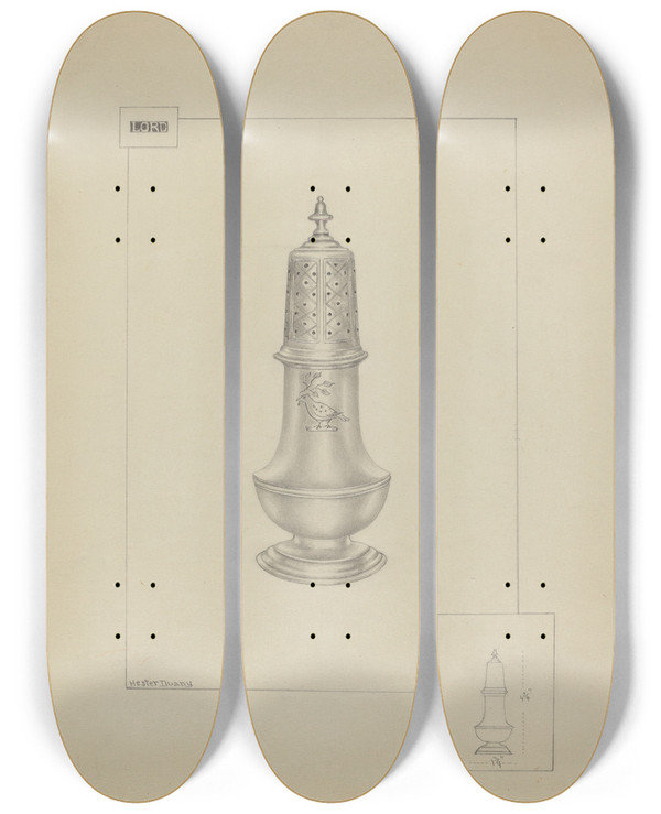 Triptych art skateboard deck of Hester Duany Silver Pepper Pot by Hester Duany (1891-1964)