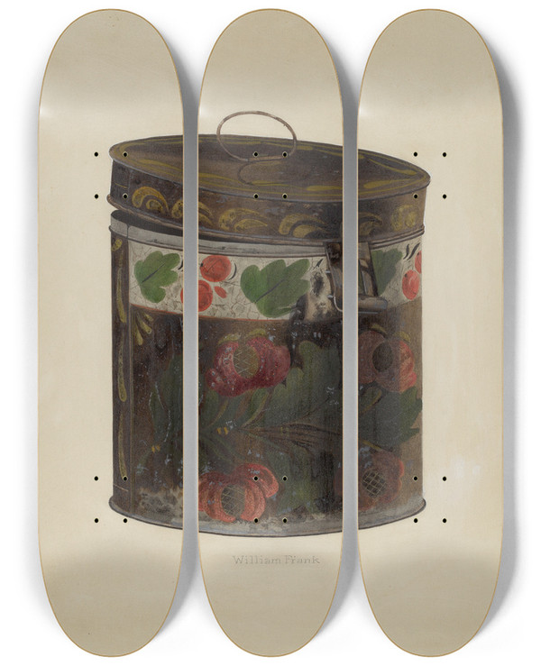 Triptych art skateboard deck of William Frank Toleware Tin Cannister by William Frank