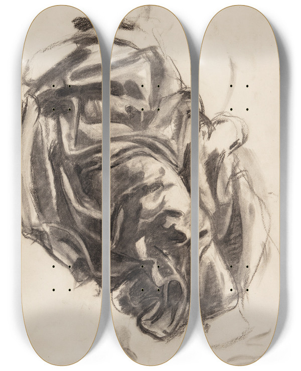Triptych art skateboard deck of Oluf Hartmann Draperistudie_1 by Oluf Hartmann (1879-1910)