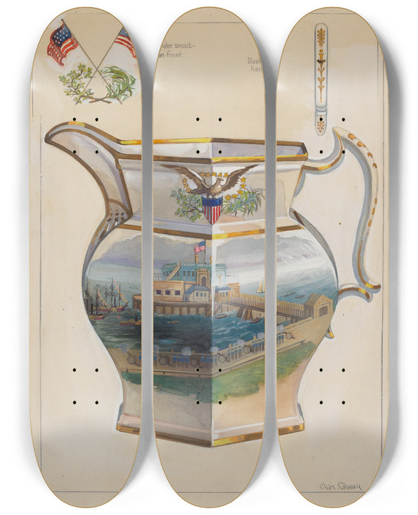 Triptych art skateboard deck of Charles Caseau Pitcher_4 by Charles Caseau (1880)