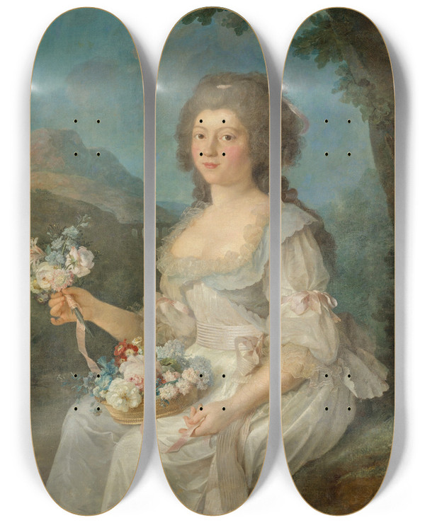 Triptych art skateboard deck of Anne Vallayercoster Portrait De Femme En Buste Tenant Une Corbeille De Fleurs by Anne Vallayer-Coster (1744-1818)