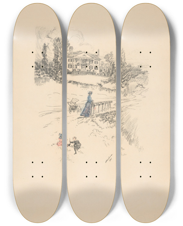 Triptych art skateboard deck of Charles Frederick William Mielatz Jumel Mansion by Charles Frederick William Mielatz (1864-1919)