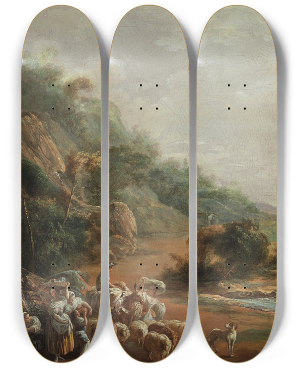 Triptych art skateboard deck of Luis Paret Y Alczar Scene With Villagers Fragment by Luis Paret Y Alcazar (1746-1799)