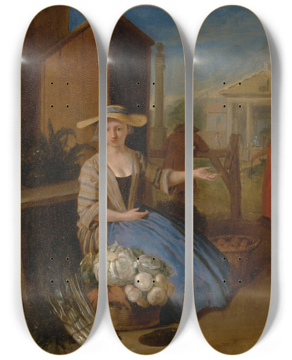 Triptych art skateboard deck of Pieter Angillis Vegetable Seller Covent Garden by Pieter Angillis (1685-1734)