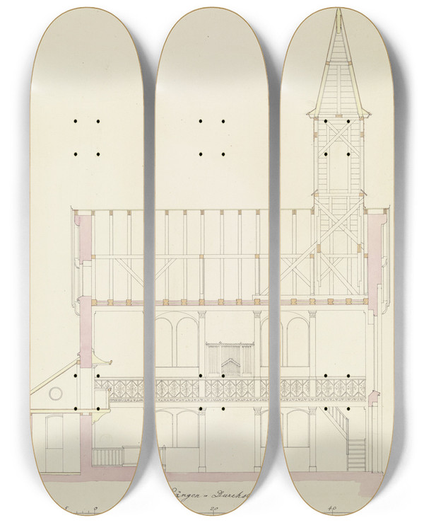 Triptych art skateboard deck of Heinrich Hbsch Lngsschnitt Durch Eine Kirche Fr Die Gemeinde Friedrichsdorf by Heinrich Hbsch (1795-1863)
