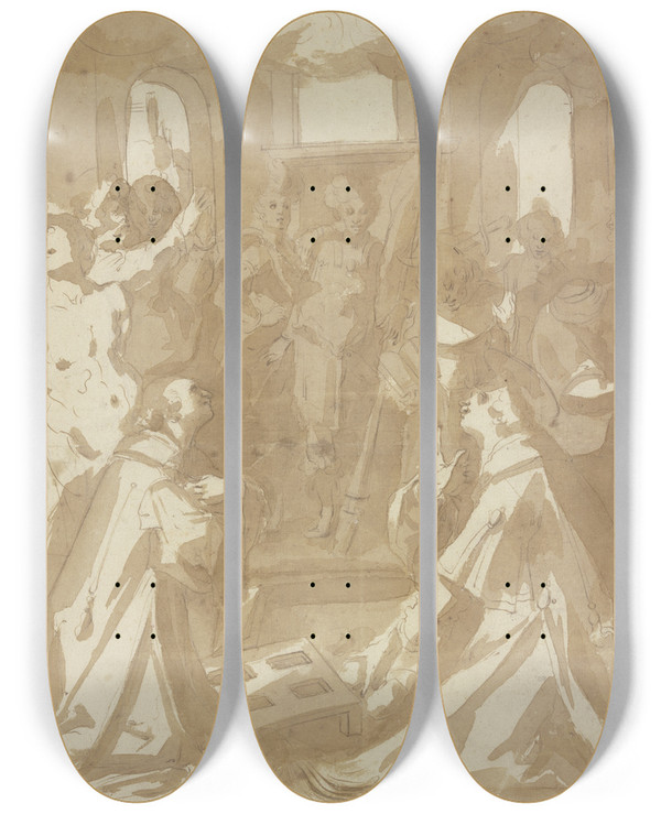 Triptych art skateboard deck of Jacques Bellange Versammlung Der Heiligen Laurentius Stephanus Dionysos Petrus Martyr Und Georg_1 by Jacques Bellange (1575-1616)