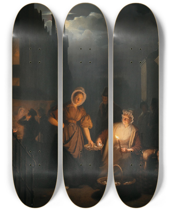 Triptych art skateboard deck of Petrus Van Schendel Night Market In Rotterdam by Petrus Van Schendel (1806-1870)