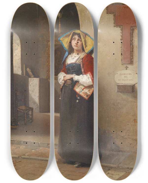 Triptych art skateboard deck of Domenico Induno Andacht by Domenico Induno (1815-1878)