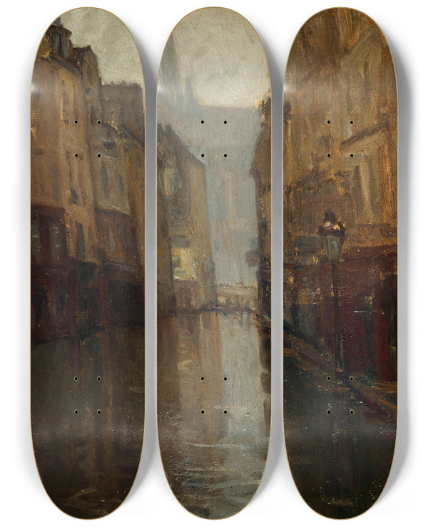 Triptych art skateboard deck of Germain Eugne Bonneton La Rue Du Hautpav Vers Le Quai De Montebello Inondations De 1910 by Germain Eugene Bonneton (1874-1915)