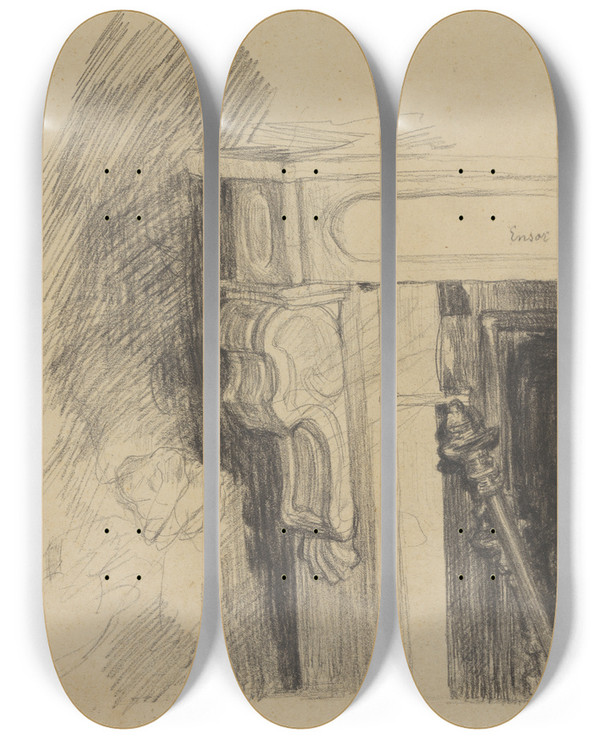 Triptych art skateboard deck of James Ensor Schouw En Handen by James Ensor (1860-1949)