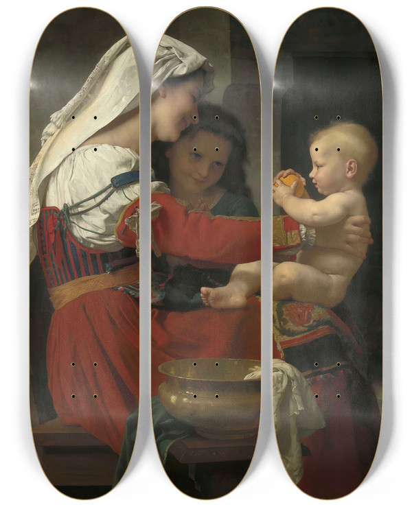 Triptych art skateboard deck of William Bouguereau Admiration Maternelle Le Bain by William Bouguereau (1825-1905)