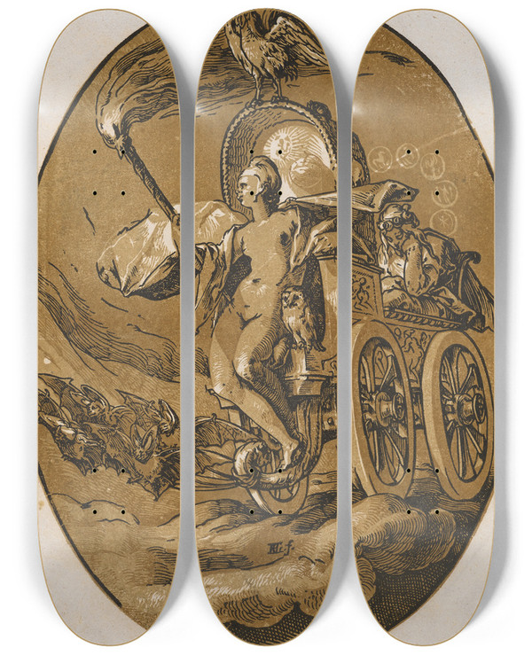 Triptych art skateboard deck of Hendrick Goltzius Nox by Hendrick Goltzius (1558-1617)