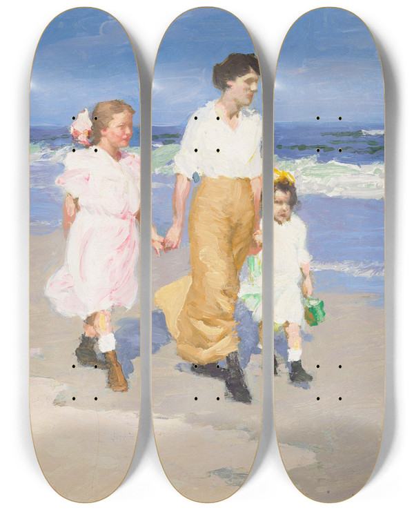 Triptych art skateboard deck of Edward Henry Potthast On The Beach_1 by Edward Henry Potthast (1857-1927)