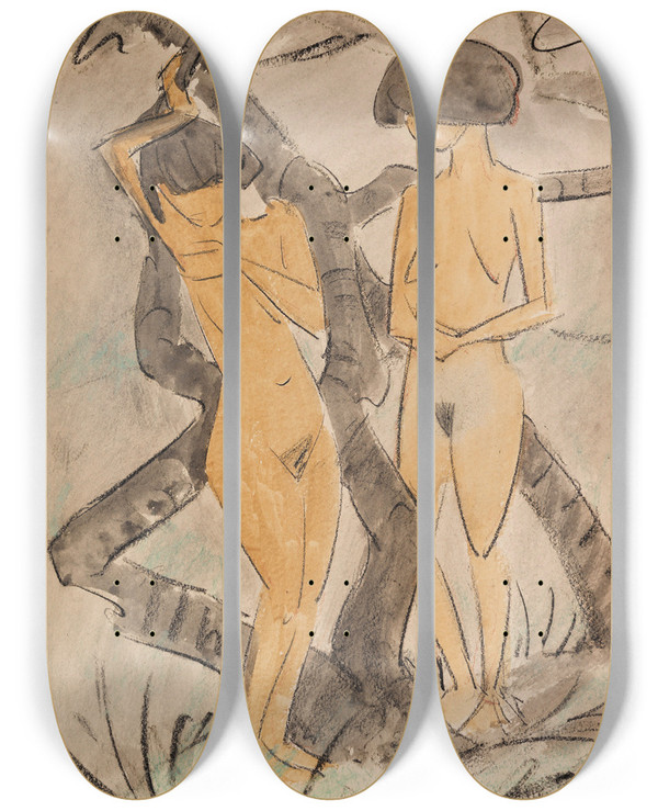 Triptych art skateboard deck of Otto Mueller Zwei Mdchenakte_2 by Otto Mueller (1874-1930)