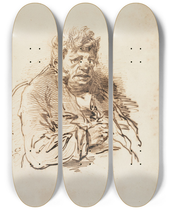 Triptych art skateboard deck of Paul Gavarni Head Of An Old Man by Paul Gavarni (1804-1866)
