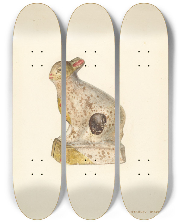 Triptych art skateboard deck of Stanley Mazur Chalkware Rabbit by Stanley Mazur
