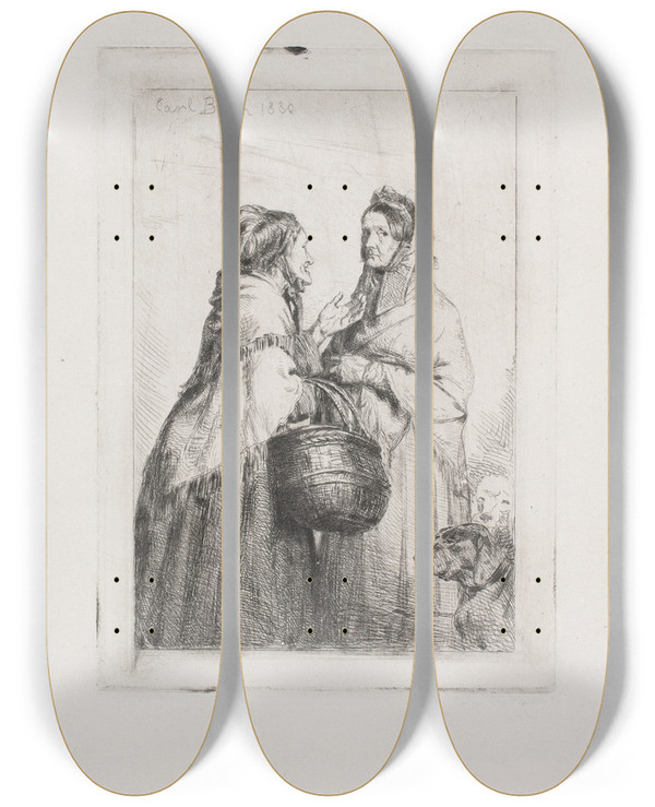 Triptych art skateboard deck of Carl Bloch The Gossiping Wives by Carl Bloch (1834-1890)
