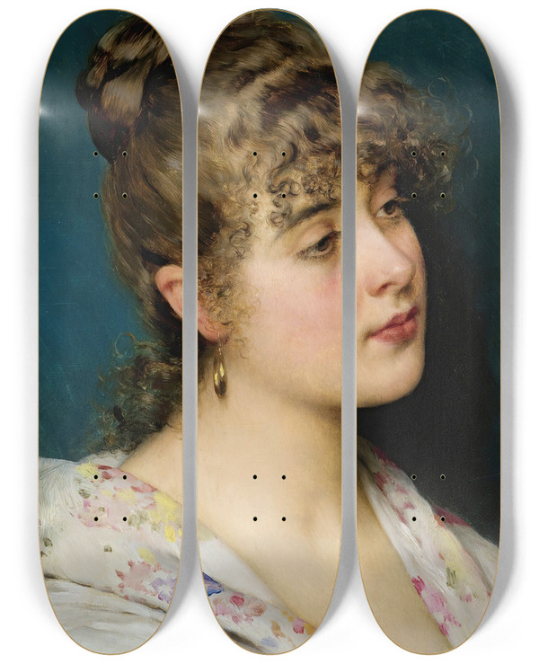 Triptych art skateboard deck of Eugen Von Blaas La Bella Veneziana by Eugen Von Blaas (1843-1931)