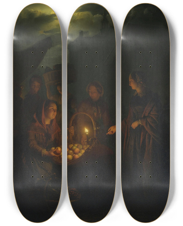 Triptych art skateboard deck of Petrus Van Schendel The Apple Seller by Petrus Van Schendel (1806-1870)