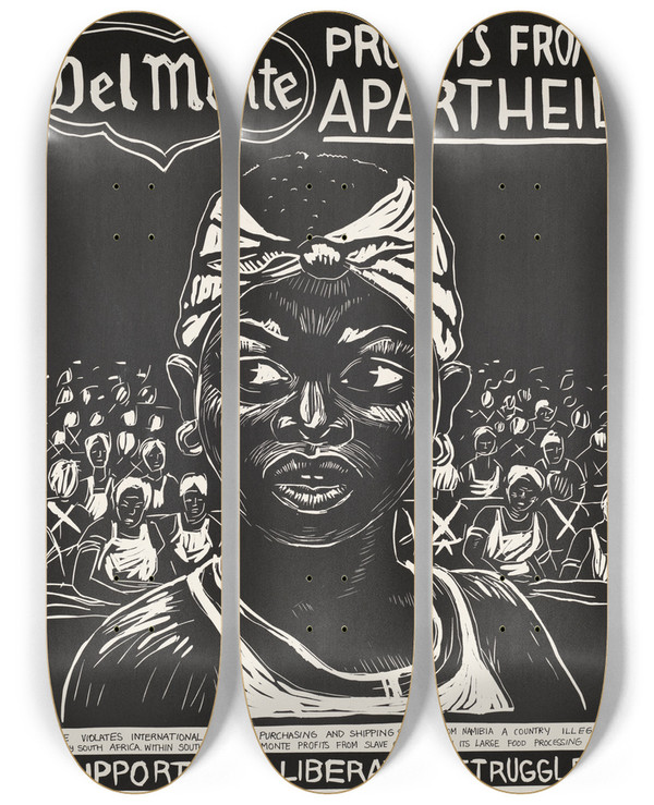 Triptych art skateboard deck of Rachael Romero Del Monte Profits From Apartheid by Rachael Romero (1953)