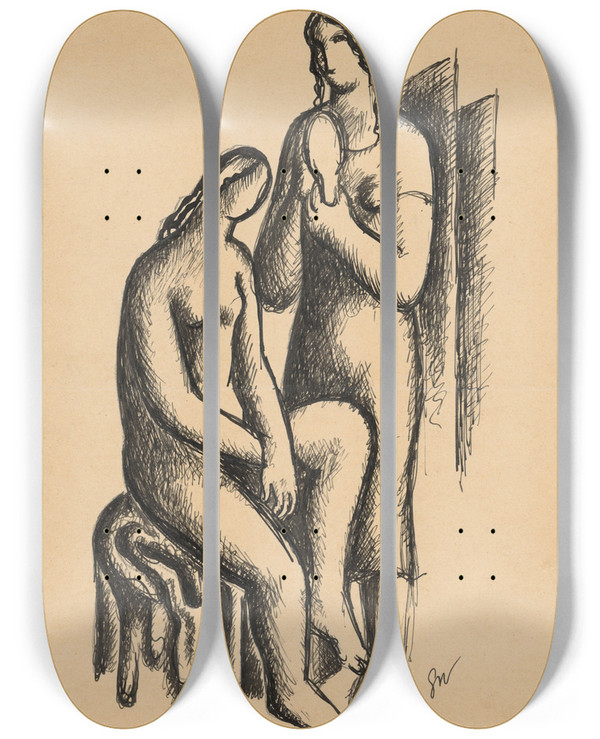 Triptych art skateboard deck of Mikul Galanda Two Friends by Mikulas Galanda (1895-1938)