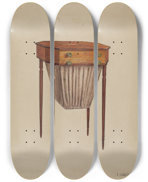 Triptych art skateboard deck of Florence Choate Sewing Table by Florence Choate