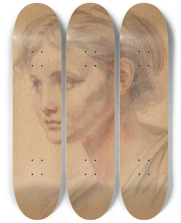 Triptych art skateboard deck of Jeanbaptiste Greuze Head Of A Girl_2 by Jean-Baptiste Greuze (1725-1805)