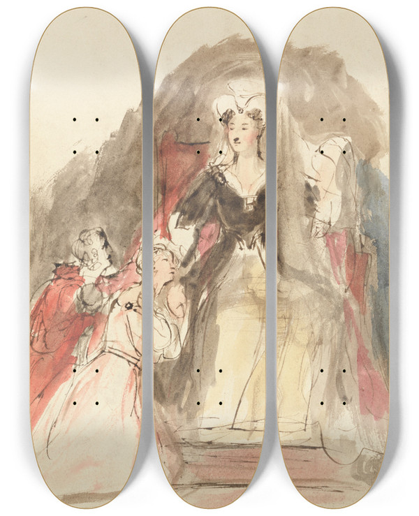 Triptych art skateboard deck of Sir David Wilkie A Scene From The Abbot by Sir David Wilkie (1785-1841)