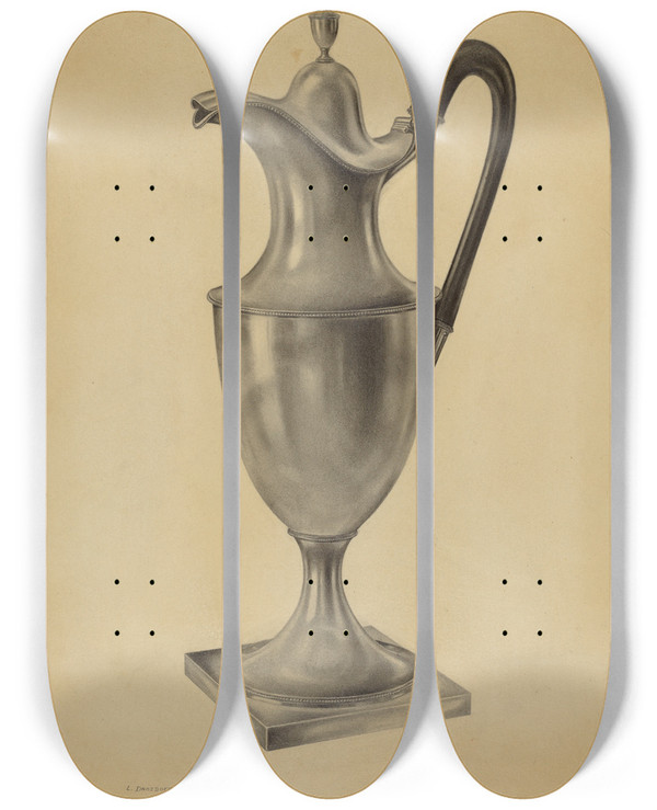Triptych art skateboard deck of Leo Drozdoff Silver Hot Water Pot by Leo Drozdoff