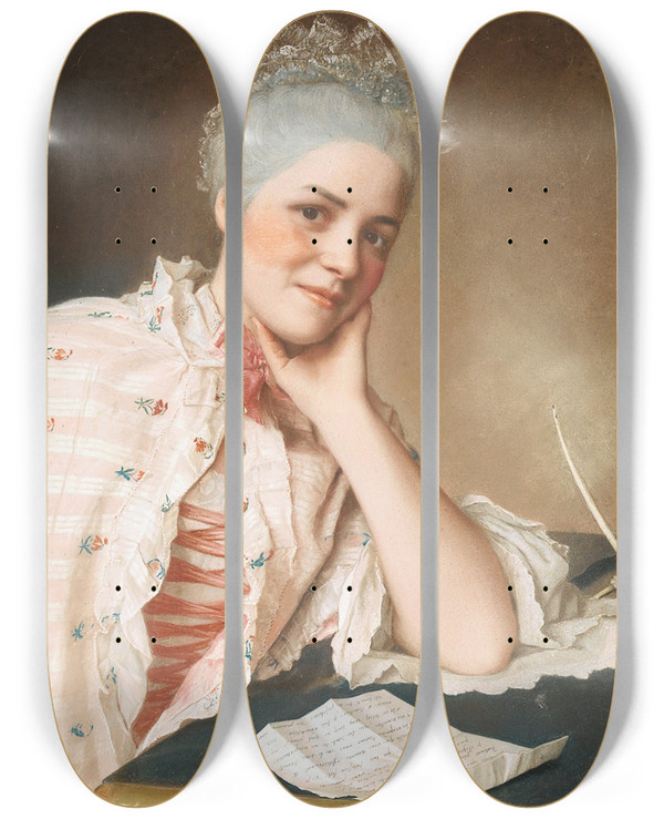 Triptych art skateboard deck of Jeanetienne Liotard Portrait Of Mrs Jacquet by Jean-Etienne Liotard (1702-1789)