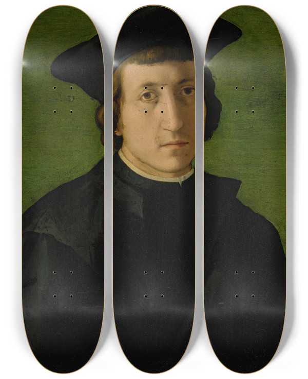 Triptych art skateboard deck of Pier Francesco Foschi Portrait Of A Man In A Black Hat by Pier Francesco Foschi (1502-1567)