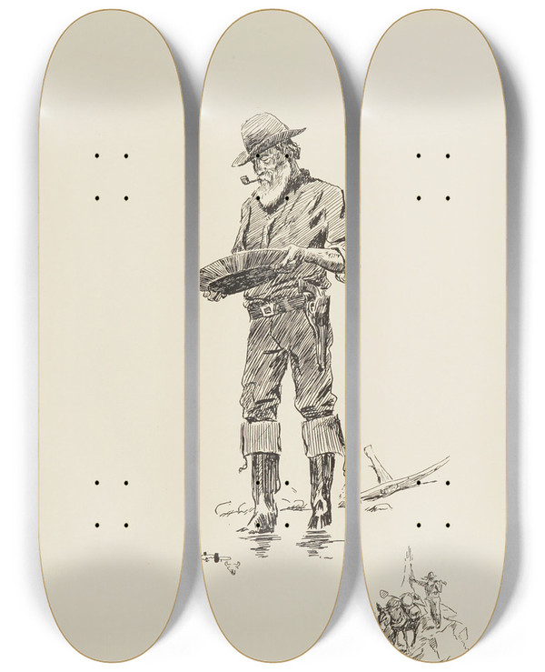 Triptych art skateboard deck of Charles Marion Russell The Prospector by Charles Marion Russell (1864-1926)