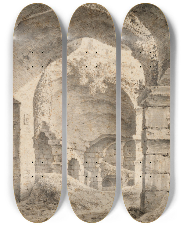 Triptych art skateboard deck of Johann Franz Ermels View Of The Interior Of The Colosseum Rome by Johann Franz Ermels (1621-1693)