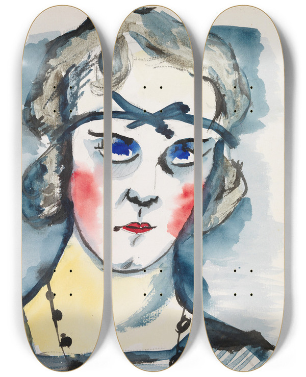 Triptych art skateboard deck of Sulho Sipil Woman With Red Cheeks by Sulho Sipila (1895-1949)