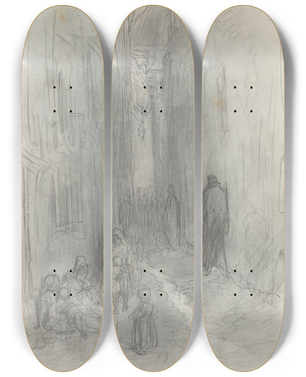 Triptych art skateboard deck of Gustave Dor A Backstreet In London by Gustave Dore (1832-1883)