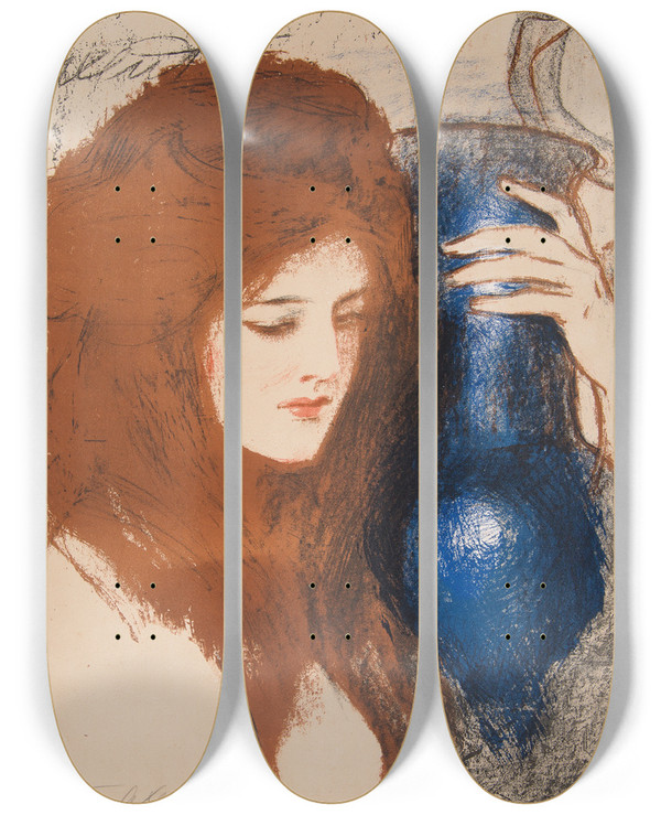 Triptych art skateboard deck of Teodor Axentowicz A Woman With A Vase by Teodor Axentowicz (1859-1938)