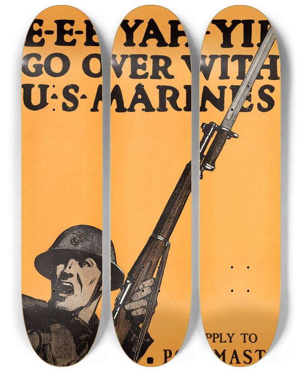 Triptych art skateboard deck of Charles Buckles Falls Eeeyahyip Go Over With Us Marines by Charles Buckles Falls (1874-1974)