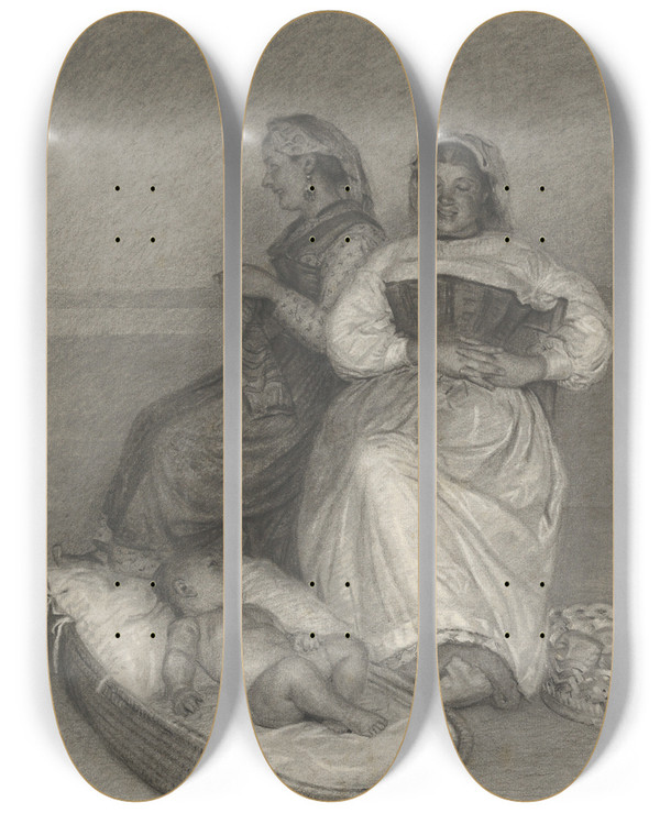 Triptych art skateboard deck of Kristian Zahrtmann Two Seated Italian Women With A Baby In A Cradle by Kristian Zahrtmann (1834-1912)