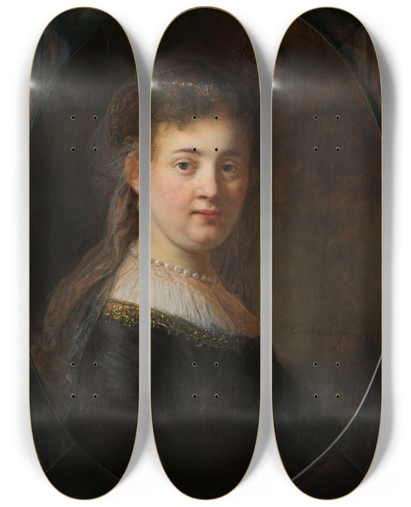 Triptych art skateboard deck of Rembrandt Van Rijn Young Woman In Fantasy Costume by Rembrandt Van Rijn (1606-1669)