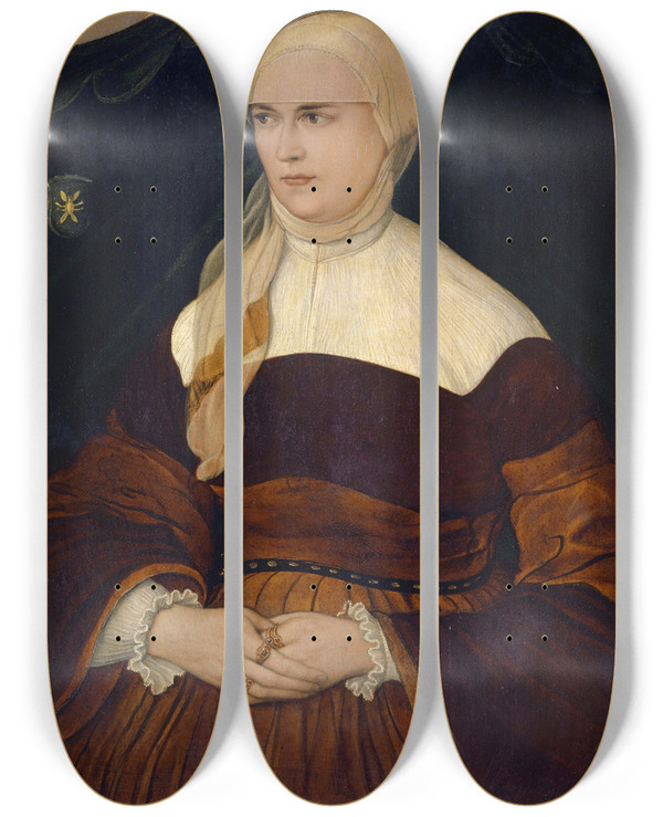 Triptych art skateboard deck of Hans Mielich Portrait Of Anna Hungerl Wife Of The Munich Councillor Joseph Schowinger Von Wyl_1 by Hans Mielich (1516-1573)