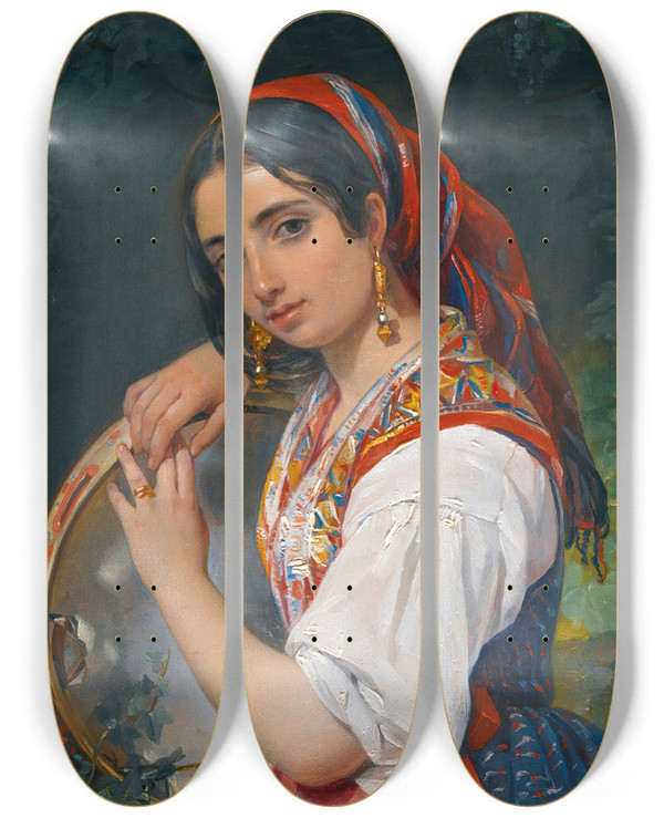 Triptych art skateboard deck of Pimen Nikitich Orloff A Shepherd Girl With A Tambourine by Pimen Nikitich Orloff (1812-1863)